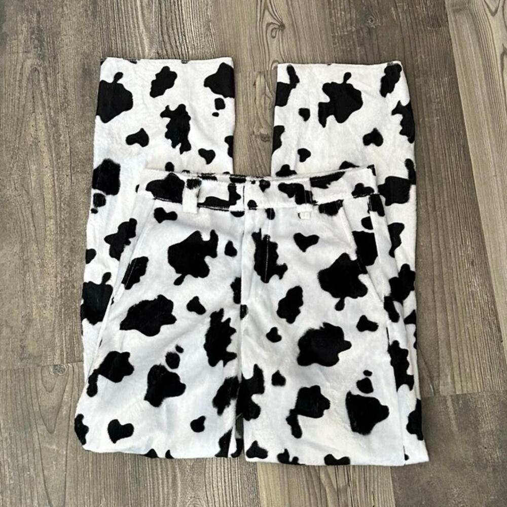 o-might cow print black and white fur pants